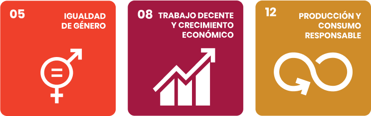 Icons representing Sustainable Development Goals: Gender Equality, Decent Work and Economic Growth, and ResponsibleConsumption and Production.